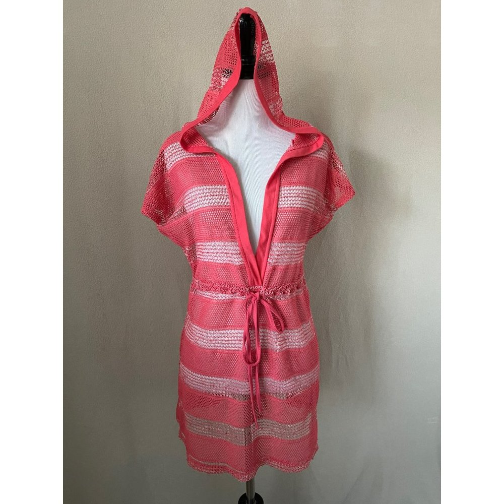 Club Z Collection Pink / White Striped Net Mesh Hooded Swimsuit Cover